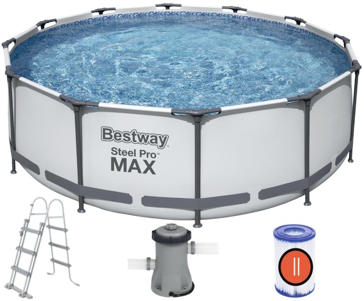 Каркасный круглый бассейн Steel Pro MAX 366х100см, 9150л, фильтр-насос 20006л/ч, лестница, BestWay. 56418